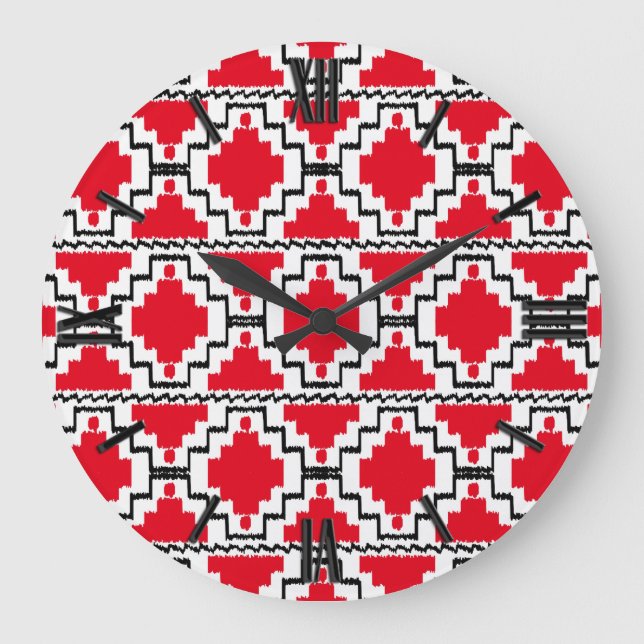 Ikat Aztec Mönster - Red, Black and White Stor Klocka (Framsida)
