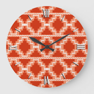 Ikat Aztec Mönster - Rust, Orange och vitt Stor Klocka