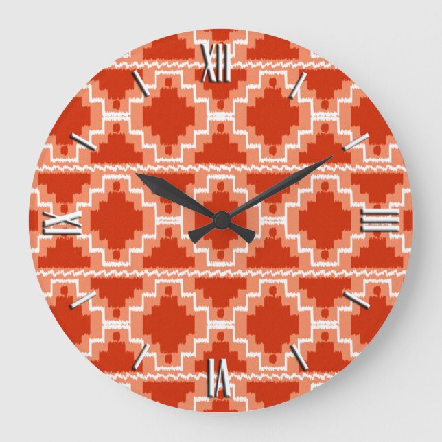 Ikat Aztec Mönster - Rust, Orange och vitt Stor Klocka (Framsida)