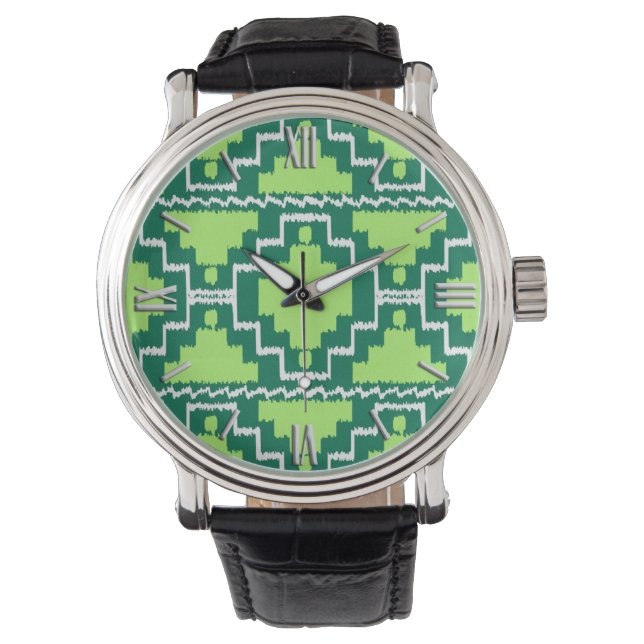 Ikat Aztec-mönster - Skog och limegrön Armbandsur (Framsida)