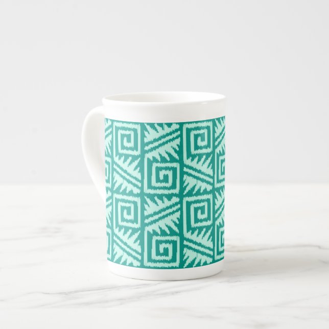 Ikat Aztec Mönster - Turquise och Aqua Benporslin Mugg (Framsida vänster)