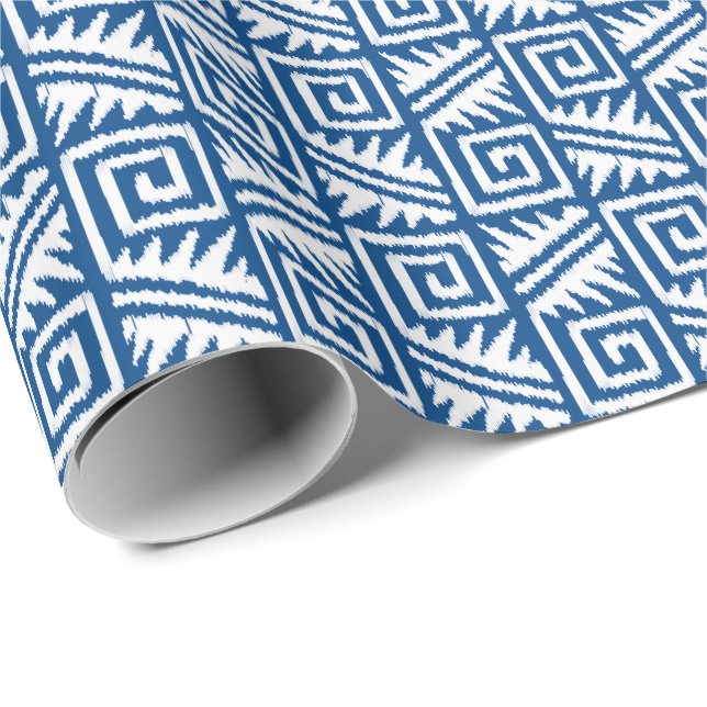 Ikat Aztec Tribal - Cobalt Blue and White Presentpapper (Rullad Hörn)