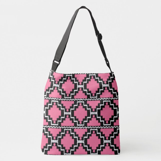 Ikat Aztec Tribal - Fuchsia Rosa, Black and White Axelväska (Baksida)