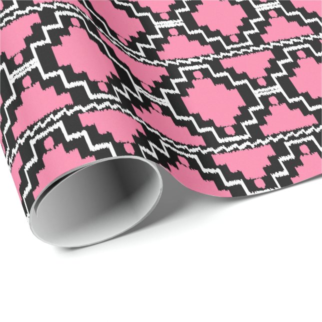 Ikat Aztec Tribal - Fuchsia Rosa, Svart och Vit Presentpapper (Rullad Hörn)