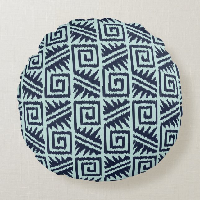 Ikat Aztec Tribal - Indigo och Light Blue Rund Kudde (Framsidan)