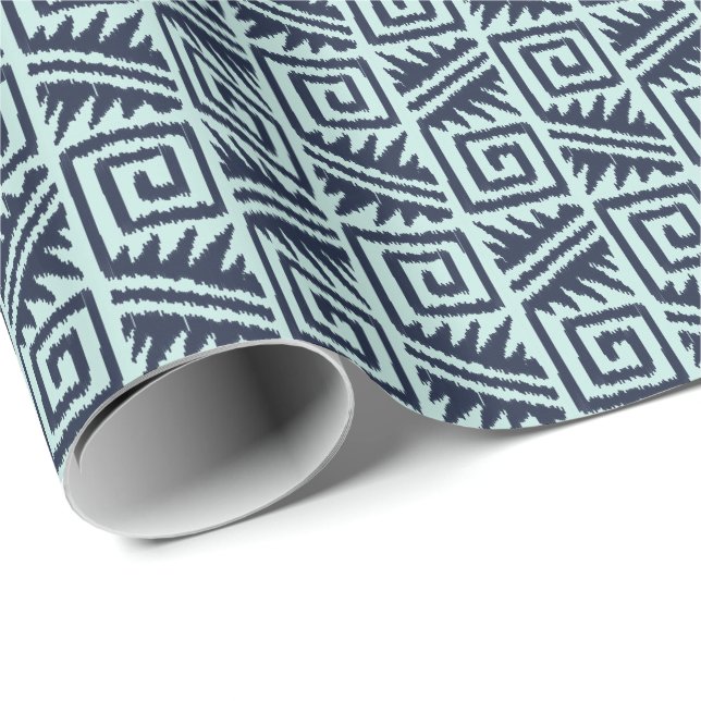Ikat Aztec Tribal - Indigo och Ljusblå Presentpapper (Rullad Hörn)