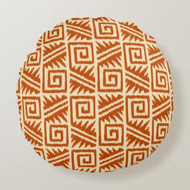 Ikat Aztec Tribal - Mandarin och Light Orange Rund Kudde (Framsidan)