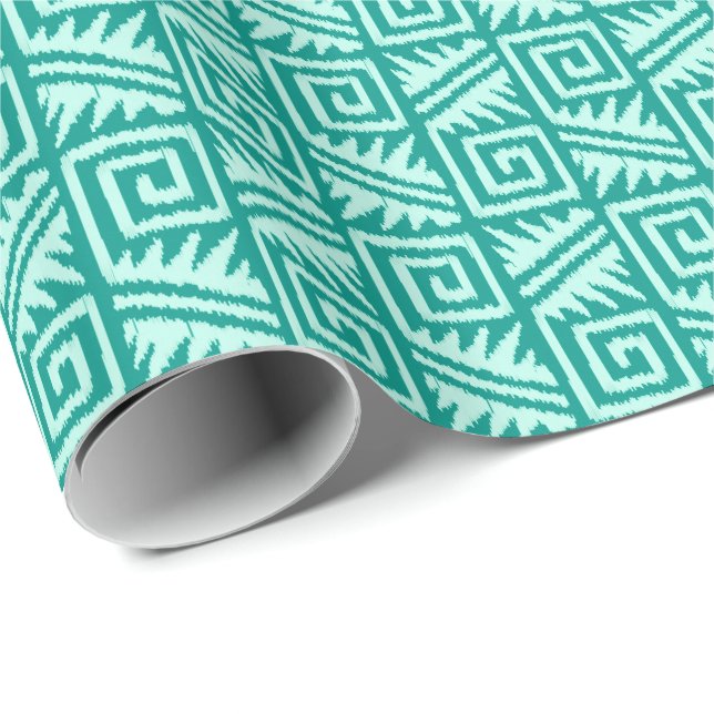Ikat Aztec Tribal - Turkos och Aqua Presentpapper (Rullad Hörn)