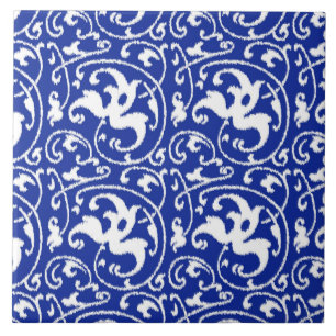 Ikat blom- damast - koboltblått och vit kakelplatta
