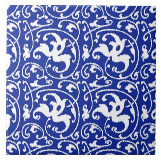 Ikat blom- damast - koboltblått och vit kakelplatta (Framsidan)