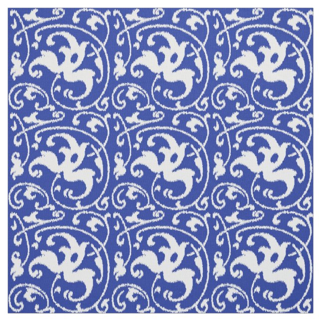 Ikat blom- damast - koboltblått och vit tyg (Provkarta)