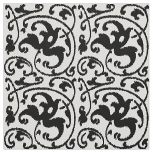 Ikat blom- damast - vit och svart tyg