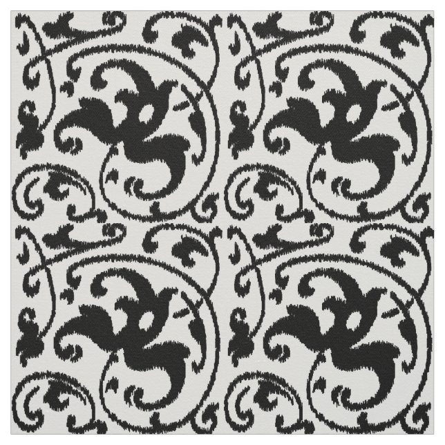 Ikat blom- damast - vit och svart tyg (Provkarta)