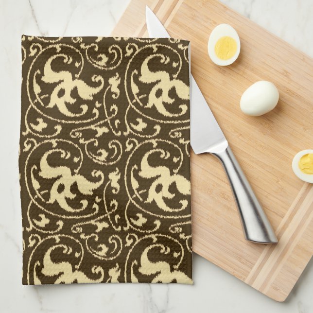 Ikat Blommig Damask - Chokladbrun och Tan Kökshandduk (Vikt i Fjärdedel)