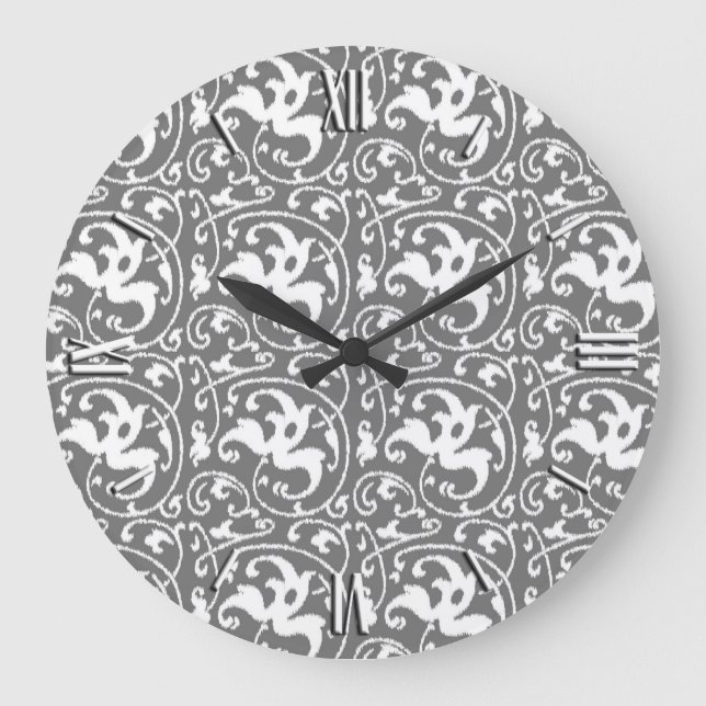 Ikat Blommig Damask - Grå och Vit Stor Klocka (Framsida)