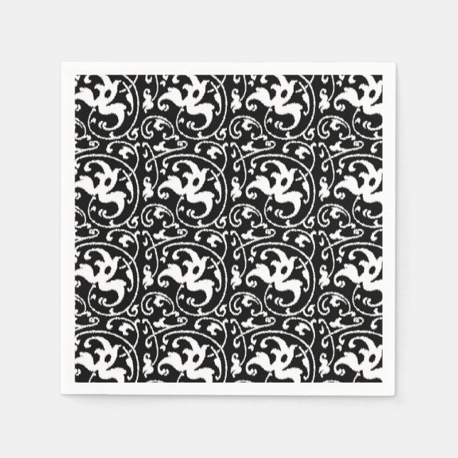 Ikat Blommig Damask - Svart och Vit Pappersservett (Framsidan)