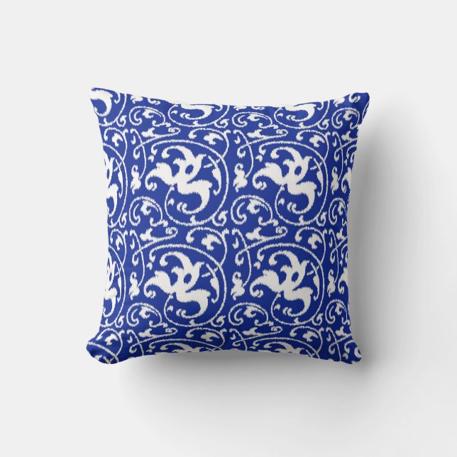 Ikat Blommig Damast - Koboltblå och Vit Kudde (Framsida)