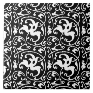Ikat Blommigt Damask - Black and White Kakelplatta