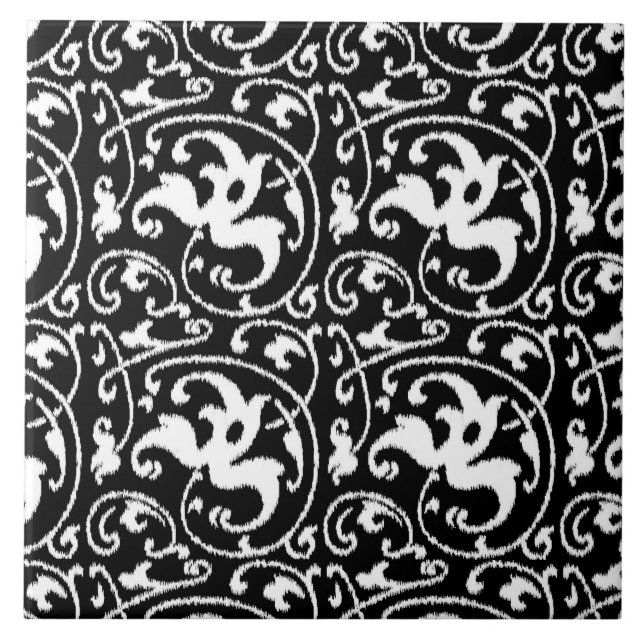 Ikat Blommigt Damask - Black and White Kakelplatta (Framsidan)