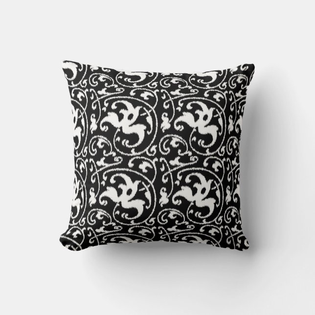 Ikat Blommigt Damask - Black and White Kudde (Framsida)