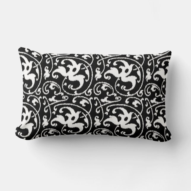 Ikat Blommigt Damask - Black and White Lumbarkudde (Framsida)