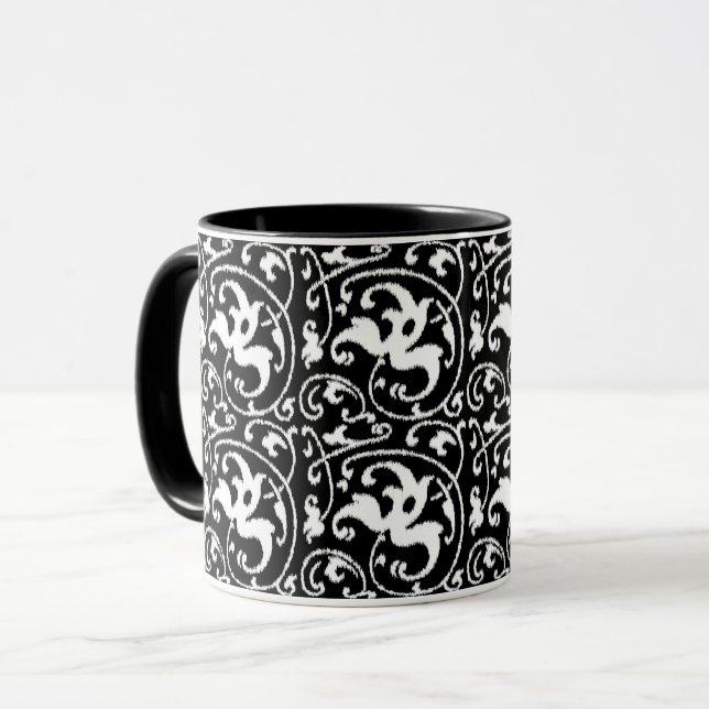 Ikat Blommigt Damask - Black and White Mugg (Framsida vänster)