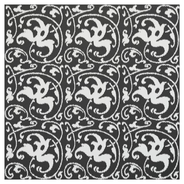 Ikat Blommigt Damask - Black and White Tyg (Provkarta)