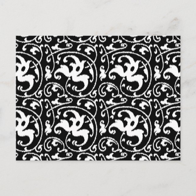 Ikat Blommigt Damask - Black and White Vykort (Framsida)