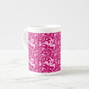 Ikat Blommigt Damask - Fuchsia och Blek Rosa Benporslin Mugg