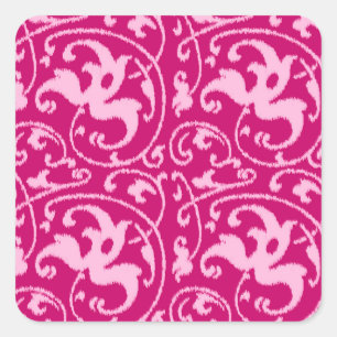 Ikat Blommigt Damask - Fuchsia och Blek Rosa Fyrkantigt Klistermärke