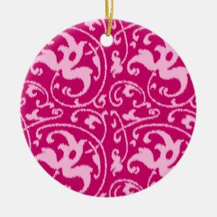 Ikat Blommigt Damask - Fuchsia och Blek Rosa Julgransprydnad Keramik