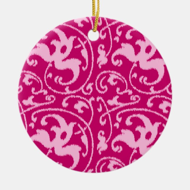 Ikat Blommigt Damask - Fuchsia och Blek Rosa Julgransprydnad Keramik (Framsidan)