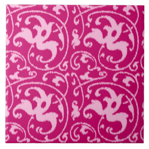 Ikat Blommigt Damask - Fuchsia och Blek Rosa Kakelplatta