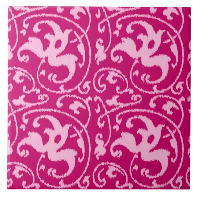 Ikat Blommigt Damask - Fuchsia och Blek Rosa Kakelplatta (Framsidan)