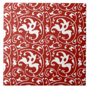 Ikat Blommigt Damask - Mörk Red and White Kakelplatta