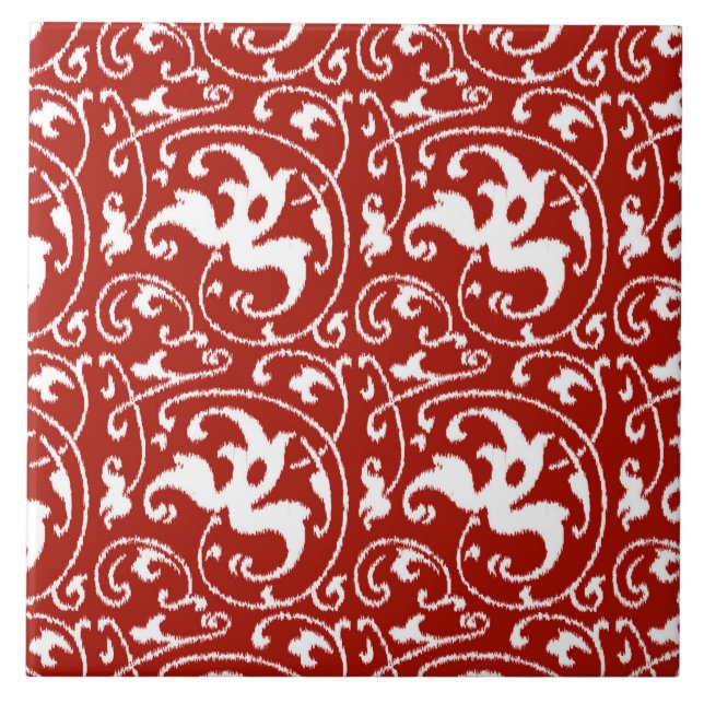 Ikat Blommigt Damask - Mörk Red and White Kakelplatta (Framsidan)