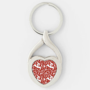 Ikat Blommigt Damask - Mörk Red and White Twisted Heart Silverfärgad Nyckelring