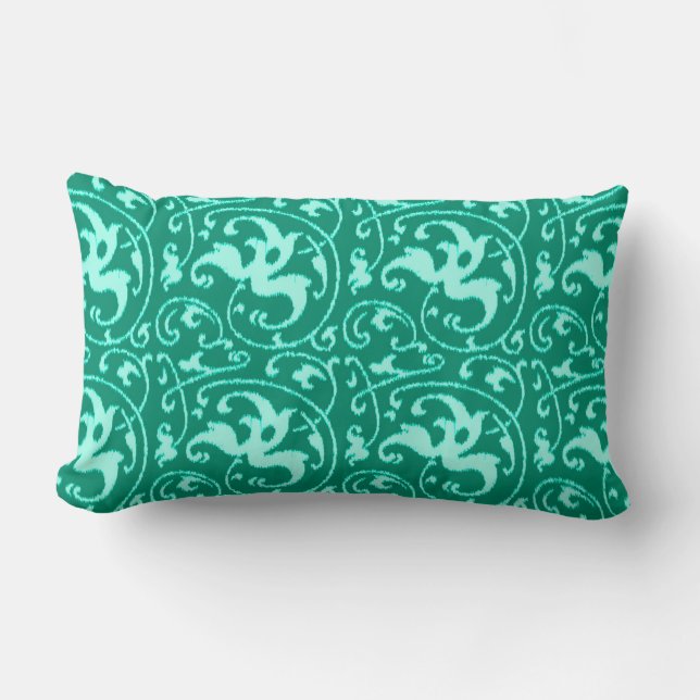 Ikat Blommigt Damask - Turquise och Aqua Lumbarkudde (Framsida)