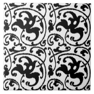 Ikat Blommigt Damask - White and Black Kakelplatta