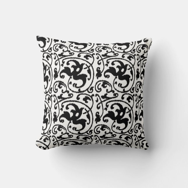Ikat Blommigt Damask - White and Black Kudde (Framsida)