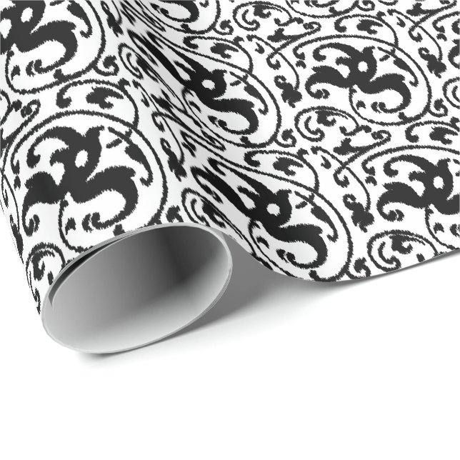 Ikat Blommigt Damask - White and Black Presentpapper (Rullad Hörn)