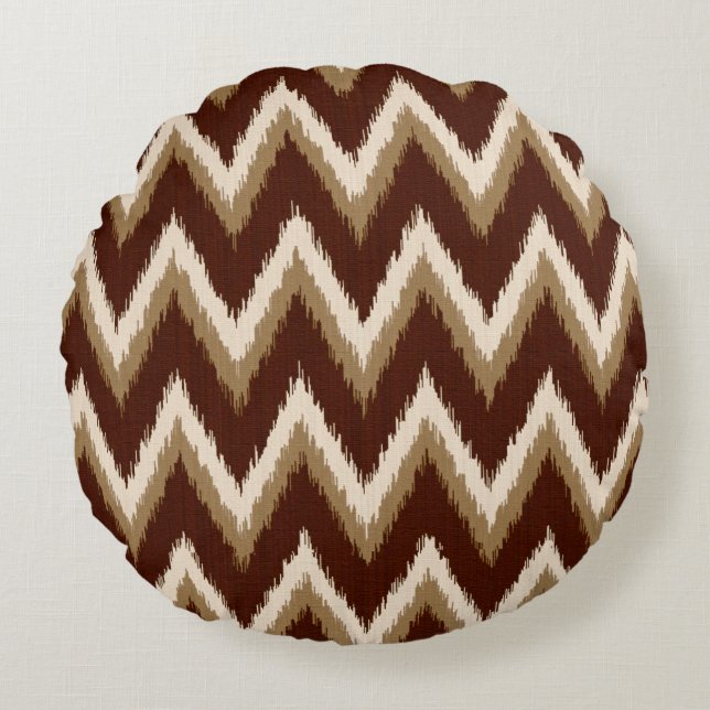 Ikat Chevron Rand - Chocolate Brown & Beige Rund Kudde (Framsidan)