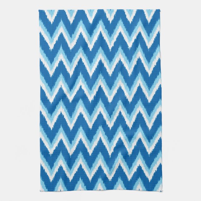 Ikat Chevron Rand - Cobalt, Himlar Blue and White Kökshandduk (Vertikal)