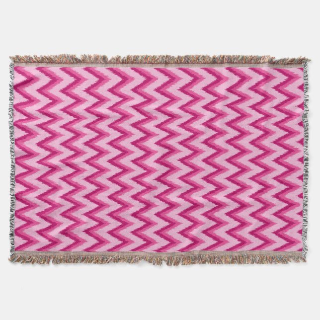 Ikat Chevron Rand - Fuchsia och Blek Rosa Filt (Framsidan)