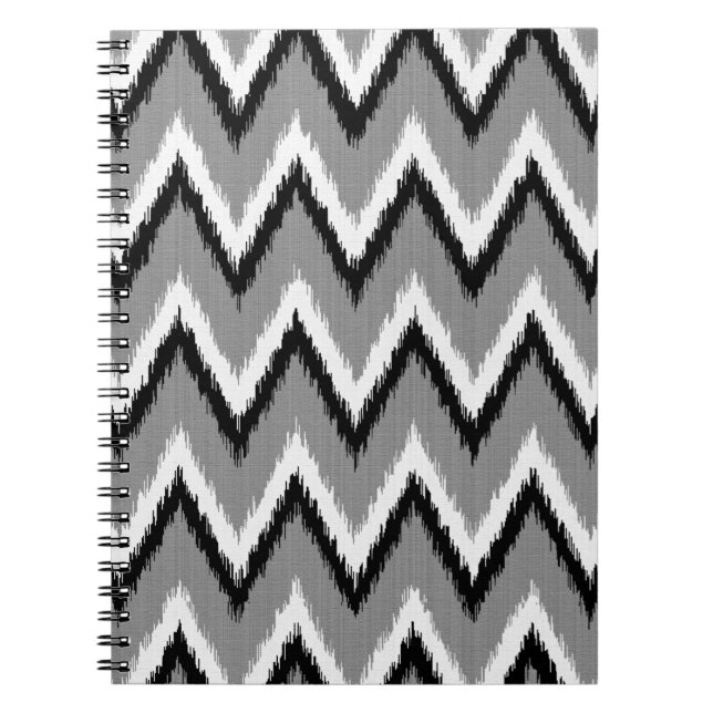 Ikat Chevron Rand - Grått / Grått, Black & White Anteckningsbok Med Spiral (Framsidan)