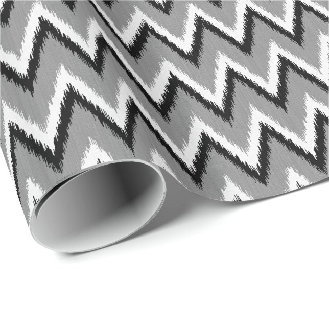 Ikat Chevron Rand - Grått / Grått, Black & White Presentpapper (Rullad Hörn)