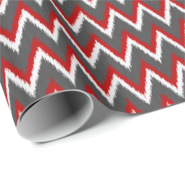 Ikat Chevron Rand - Red, White and Grått / Grått Presentpapper (Rullad Hörn)