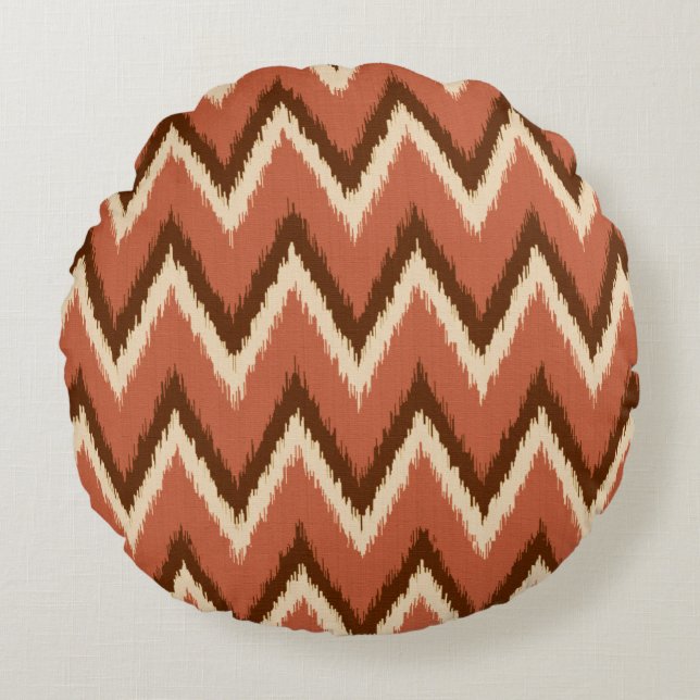 Ikat Chevron Rand - Rust, Brown och Beige Rund Kudde (Framsidan)