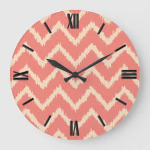 Ikat Chevrons - Koral orange och persika Stor Klocka