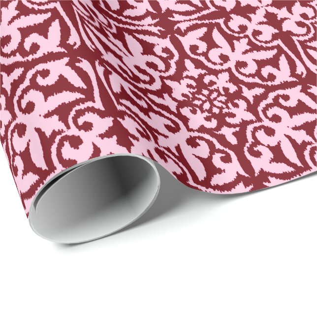 Ikat damask-mönster - Burgundy och Rosa Presentpapper (Rullad Hörn)